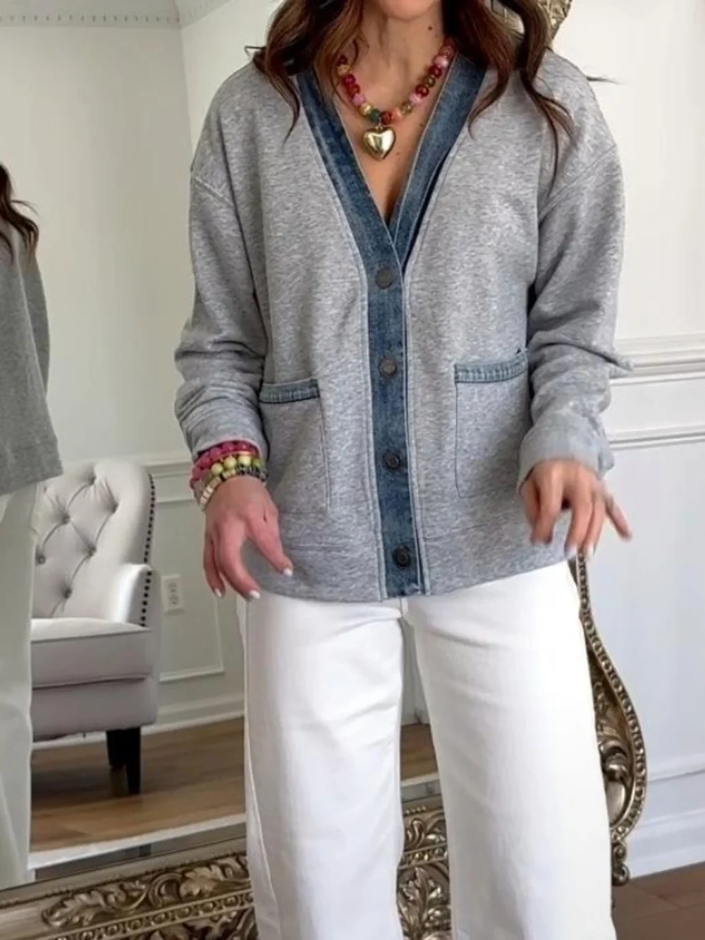 Heather Grey Cardigan with Denim-Trim Button Front🌻